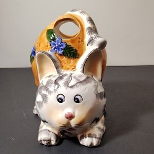Hand-Painted Cat Figurine with Floral Accents